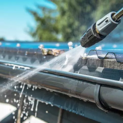 A man providing garden services by spraying water on a roof with a hose.